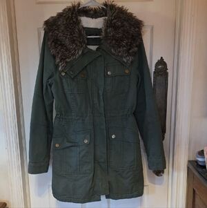 Olive Utility Jacket with Faux Fur Collar